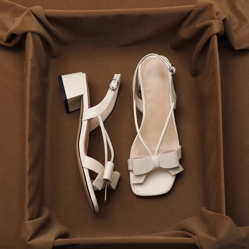 Duoya Tóc Thẳng ~ [Hàng Có Sẵn] Giày Sandal Hở Ngón Đế Dày Hở Ngón Một Dây Bằng Da Mềm Đính Nơ Thời Trang Mùa Hè Miễn Phí Vận Chuyển Cho Nữ