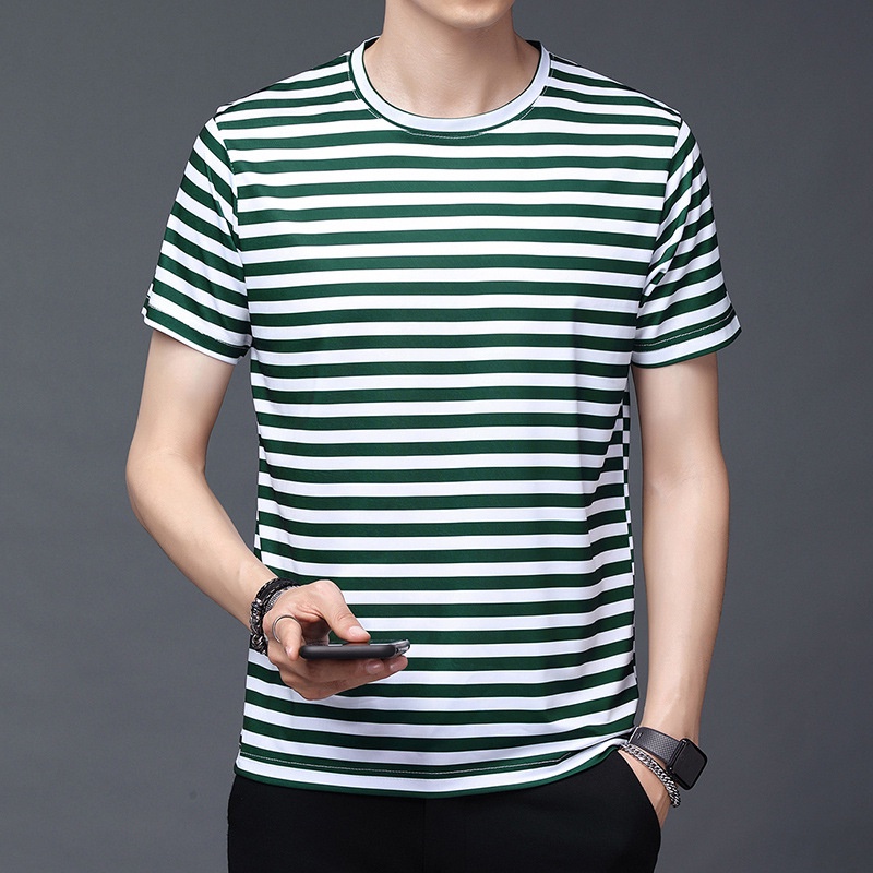 Áo Thun Tay Ngắn Cổ Tròn Kẻ Sọc Ngang Dáng Rộng Thời Trang Cho Nam