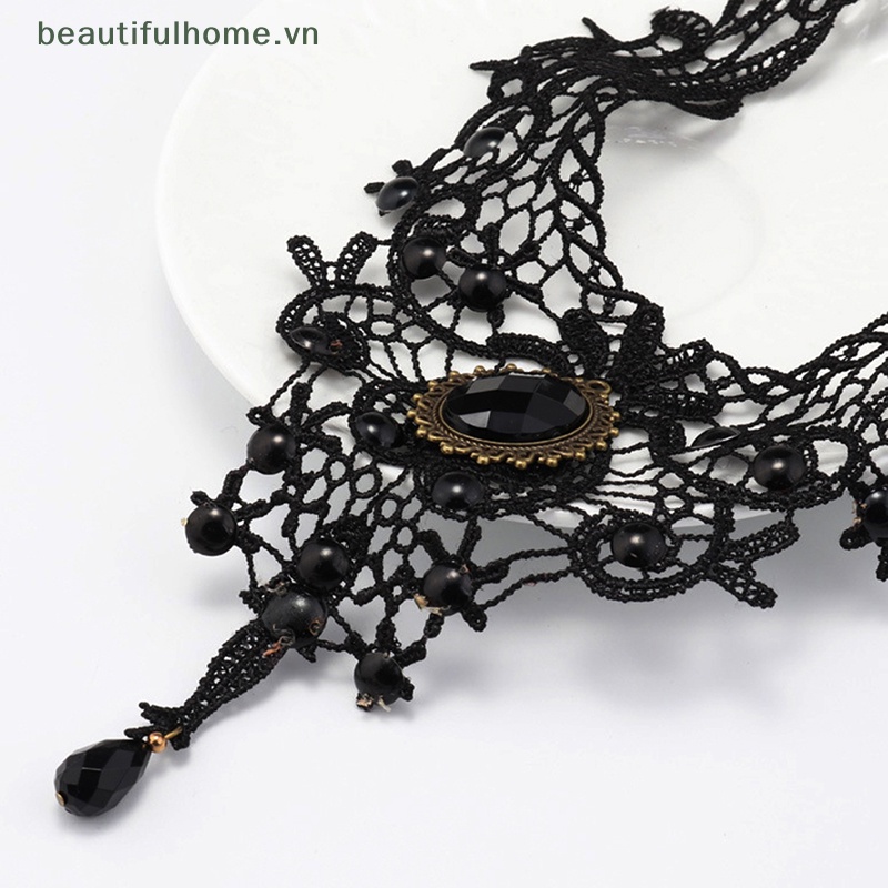 Vòng Cổ Choker Ren Đính Hạt Đá Quý Màu Đen Phong Cách Gothic Quyến Rũ Làm Quà Tặng Đẹp Cho Phụ Nữ [beauty]