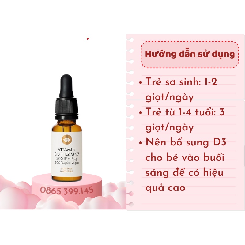 Vitamin D3 K2 Mk7 Sunday Natural Đức, vitamin cho bé 20ml [Date 2/2025]