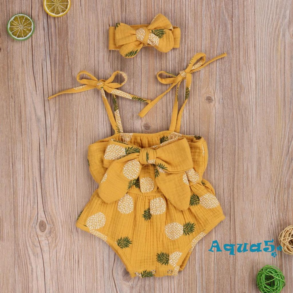 Set 2 Món Áo Liền Quần Hai Dây + Băng Đô Nơ Họa Tiết Chấm Bi / Dứa Thời Trang Mùa Hè Cho Bé Gái