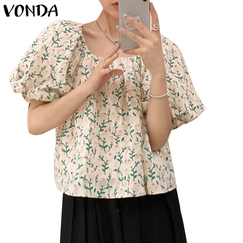 Áo Sơ Mi Tay Ngắn Phồng Cổ Vuông In Họa Tiết Hoa Phong Cách Hàn Quốc Thời Trang Cho Nữ