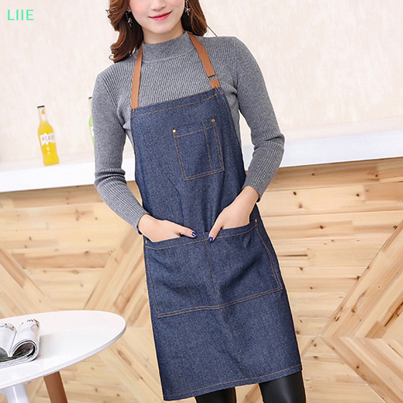 Tạp Dề Nấu Ăn Vải Denim Màu Xanh Có Túi Dành Cho Người Lớn