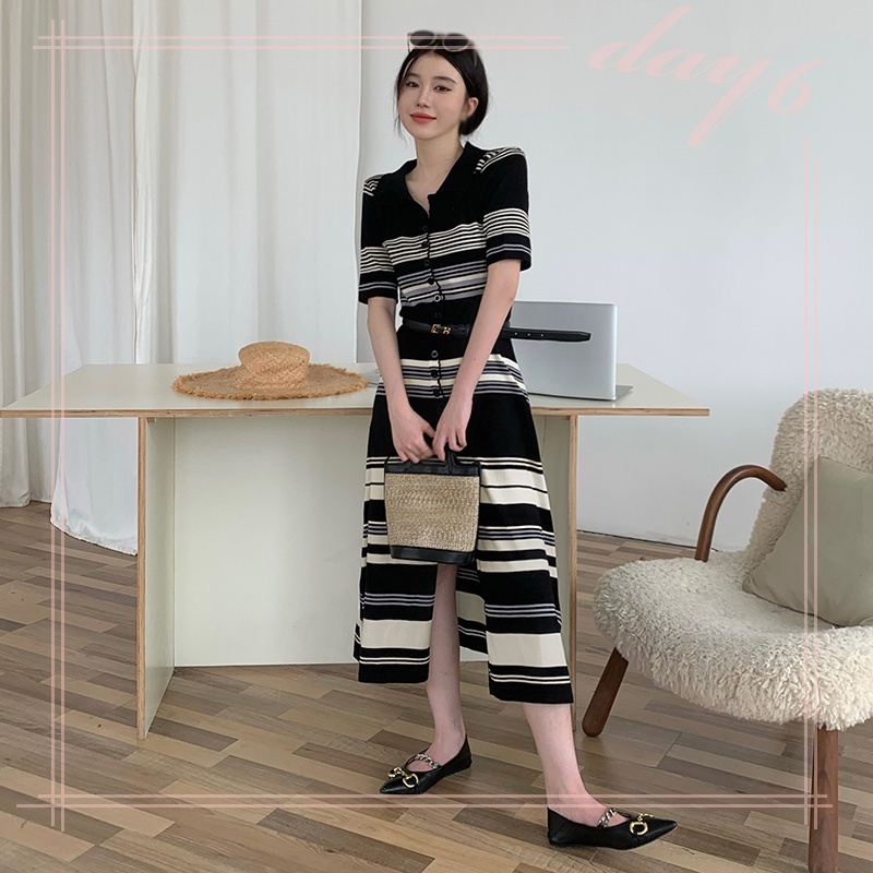Đầm Dệt Kim Tay Ngắn Cổ Chữ V Họa Tiết Kẻ Sọc Thời Trang Hàn Quốc Xinh Xắn Cho Nữ