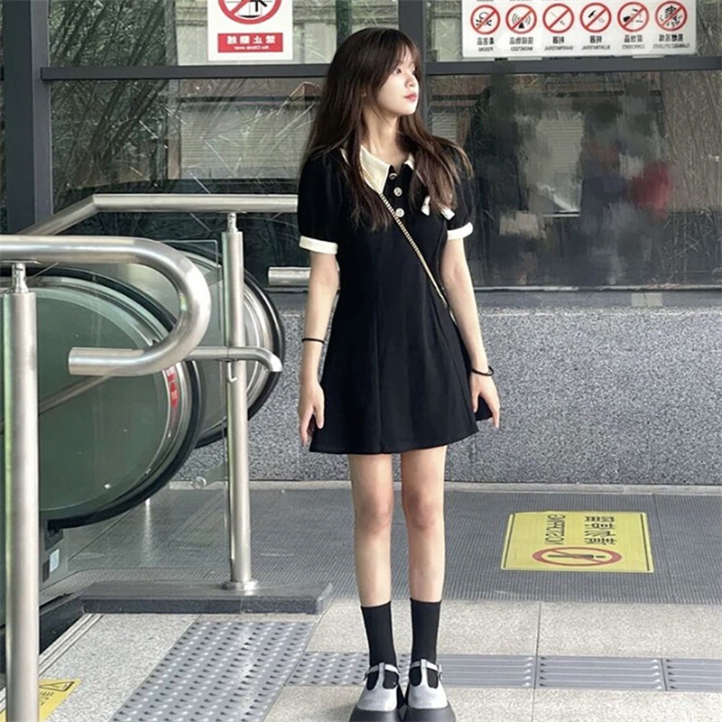 Đầm Cổ polo Màu Đen Phong Cách Pháp Thời Trang Mùa Hè 2023 Cho Nữ