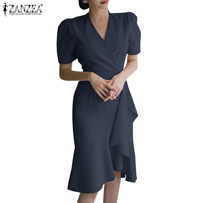 Zanzea Đầm Nữ Ngắn Tay Cổ Chữ V Thời Trang Hàn