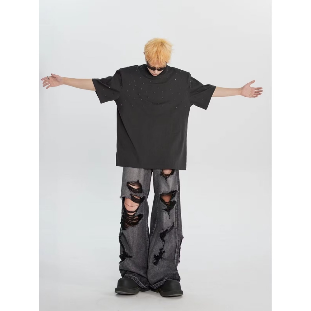 Quần Jean Rách Ống Rộng Màu Đen Phong Cách Retro Mỹ Cá Tính Cho Nam