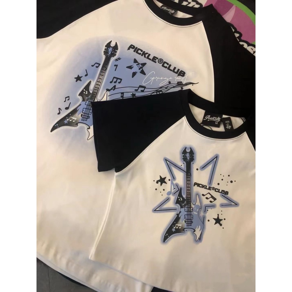 Áo Thun Cotton Tay Ngắn Dáng Rộng Màu Trơn In Hình Đàn Ghi Ta Điện Thời Trang Mùa Hè Cho Nam Và Nữ