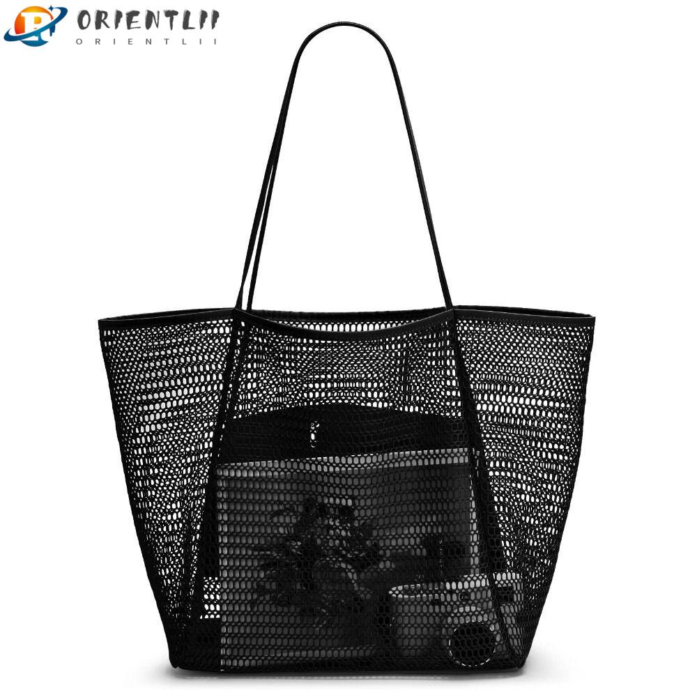 Túi Tote Đi Biển Sức Chứa Lớn Mẫu Mới 2023 Có Lưới Màu Đen