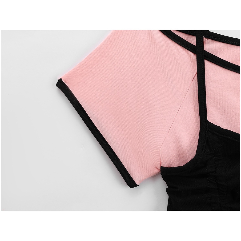 Áo Thun Tay Ngắn Giả Hai Lớp Màu Sắc Tương Phản Thời Trang Mùa Hè Cho Nữ