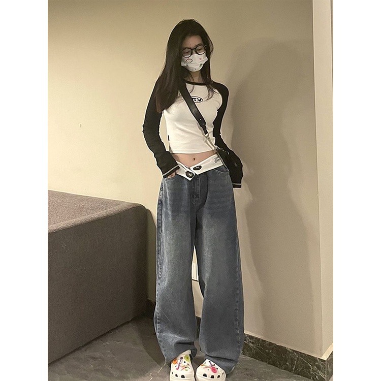 Quần Jean Nữ Ống Rộng Lưng Cao Phong Cách Retro Mỹ