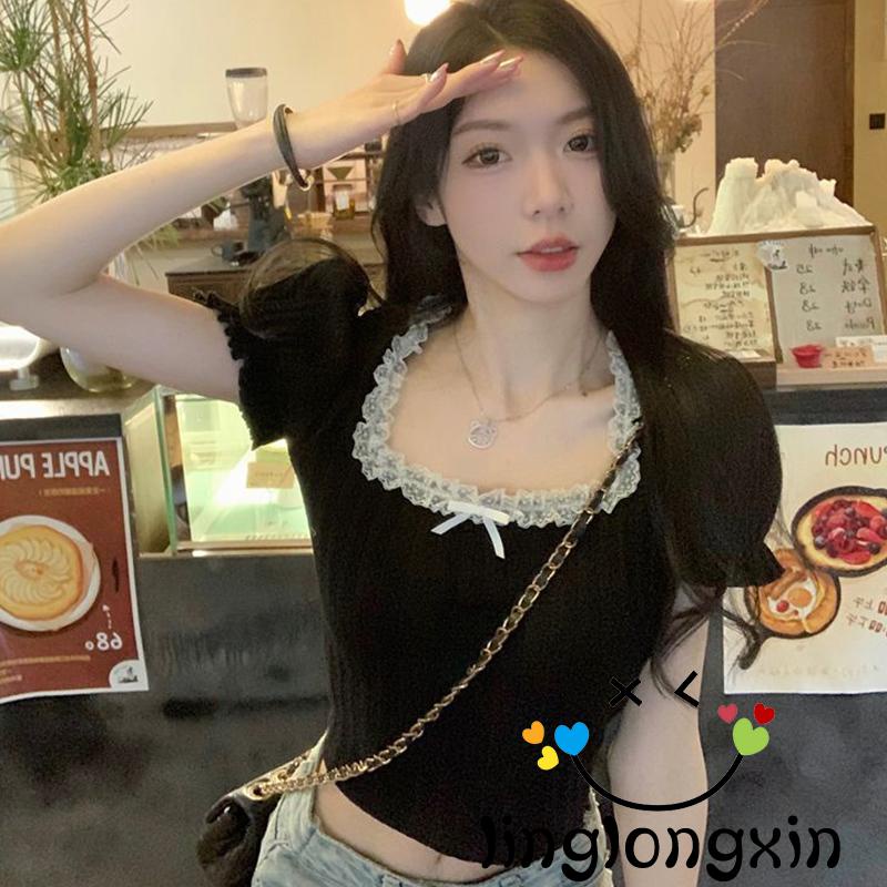 Áo Nữ Tay Phồng Ngắn Cổ Vuông Phối Ren Thời Trang Linglongxi2