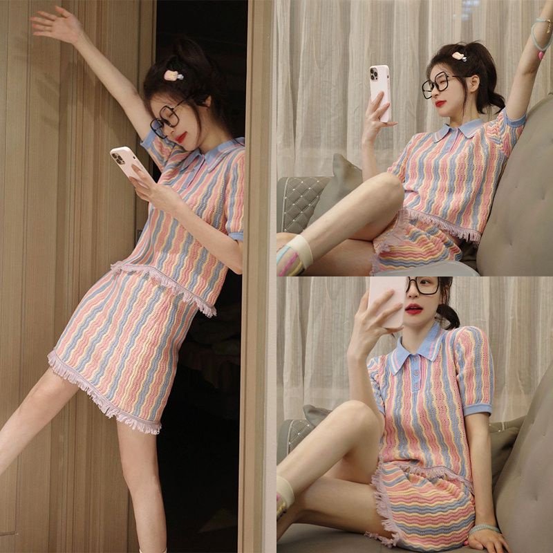 Set Áo Thun polo + Chân Váy Tua Rua Màu Sắc Cầu Vồng Phong Cách Nhật Bản