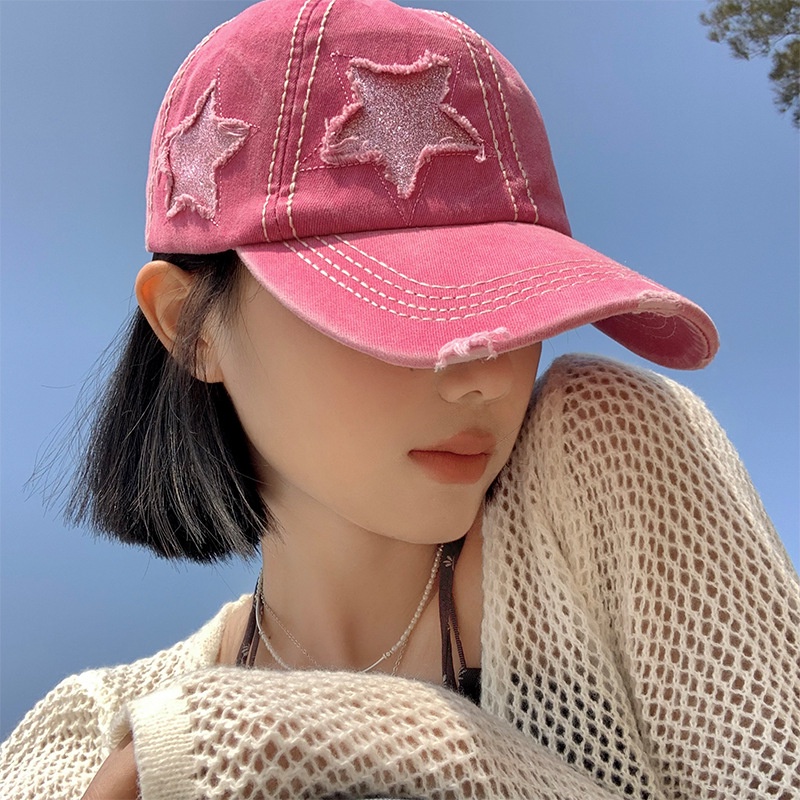 Mũ Lưỡi Trai Denim Cotton Thêu Ngôi Sao Lấp Lánh Phong Cách Retro Đường Phố Đơn Giản Có Lỗ Buộc Tóc Đuôi Ngựa Có Thể Điều Chỉnh