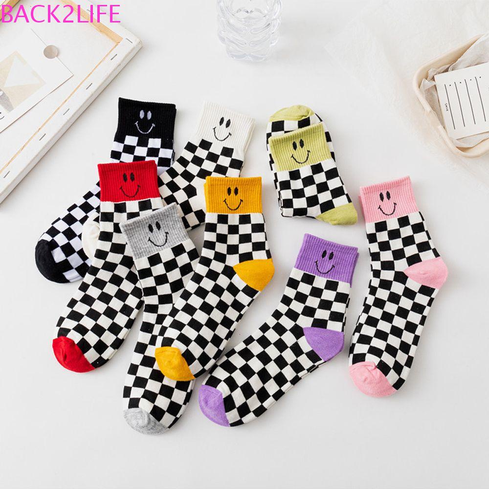 BACK2LIFE Đôi Tất Chân Cotton Thoáng Khí Sọc Caro Thời Trang Harajuku