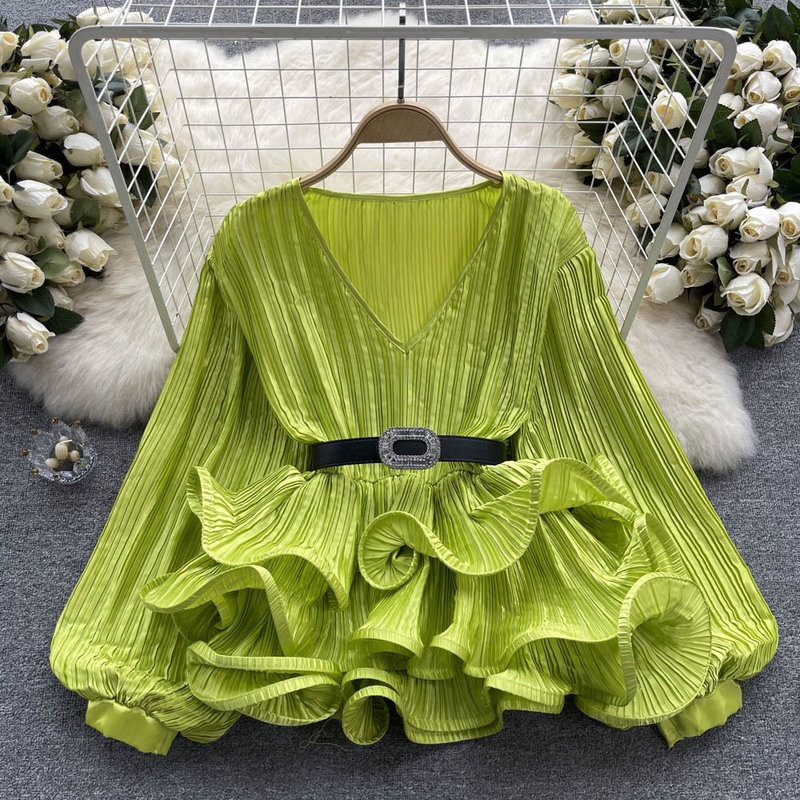 Áo Sơ Mi Satin Tay Dài Phồng Cổ Chữ V Xếp Ly Dáng Rộng Thời Trang Cho Nữ