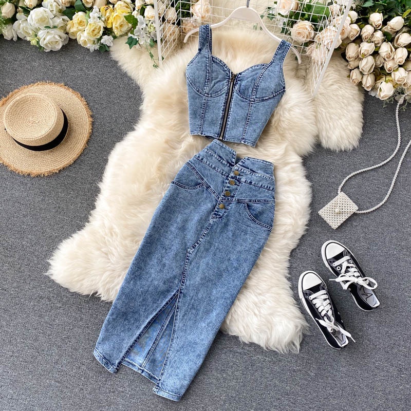 Set Áo Hai Dây + Chân Váy Denim Ngắn Lưng Cao Thời Trang Hong Kong 2020 Mới Mẻ Gợi Cảm Cho Nữ