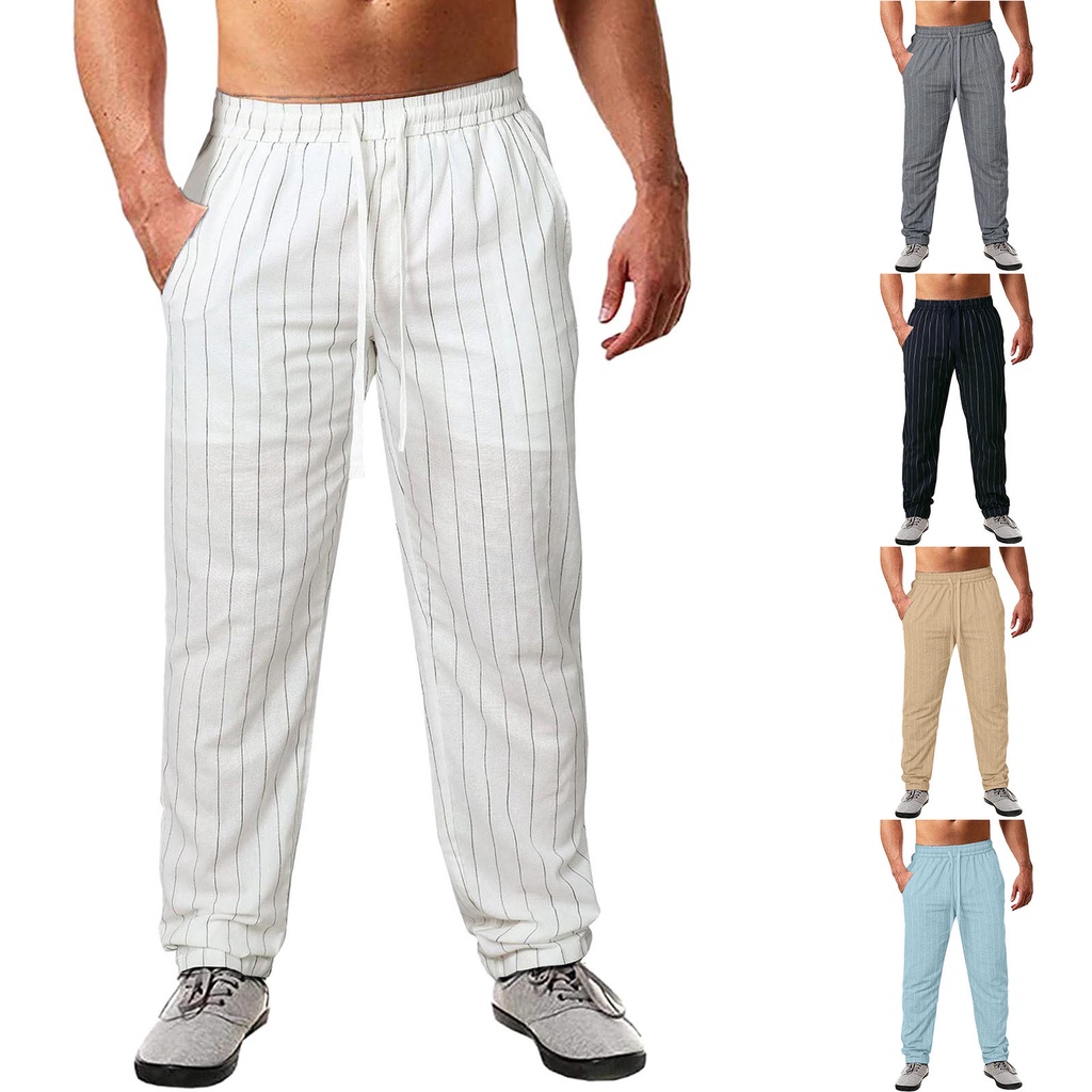 Quần Dài cotton Lanh Lưng Thun Kẻ Sọc Dọc Phong Cách Âu Mỹ Đi Biển Mới Cho Nam