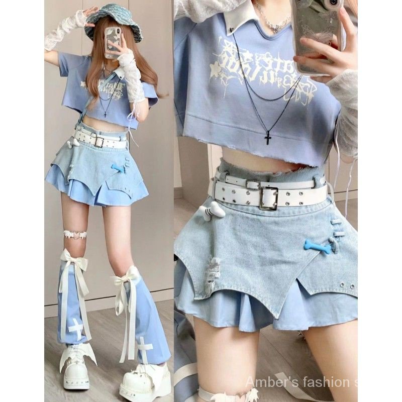 Set Áo Thun Ngắn Tay + Chân Váy Denim Lưng Cao Phối Màu Dễ Thương Thời Trang Mùa Hè Cho Bé Gái