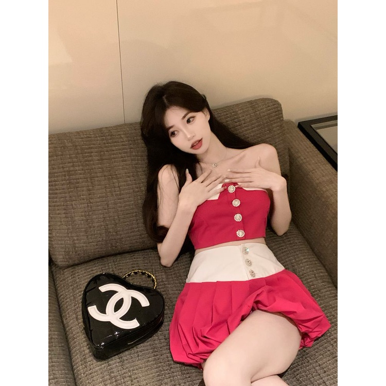 [Độc Đáo Hai Mảnh] Set Áo Ống Phồng Ôm Dáng Phối Chân Váy Ngắn Lưng Cao Quyến Rũ Cho Nữ