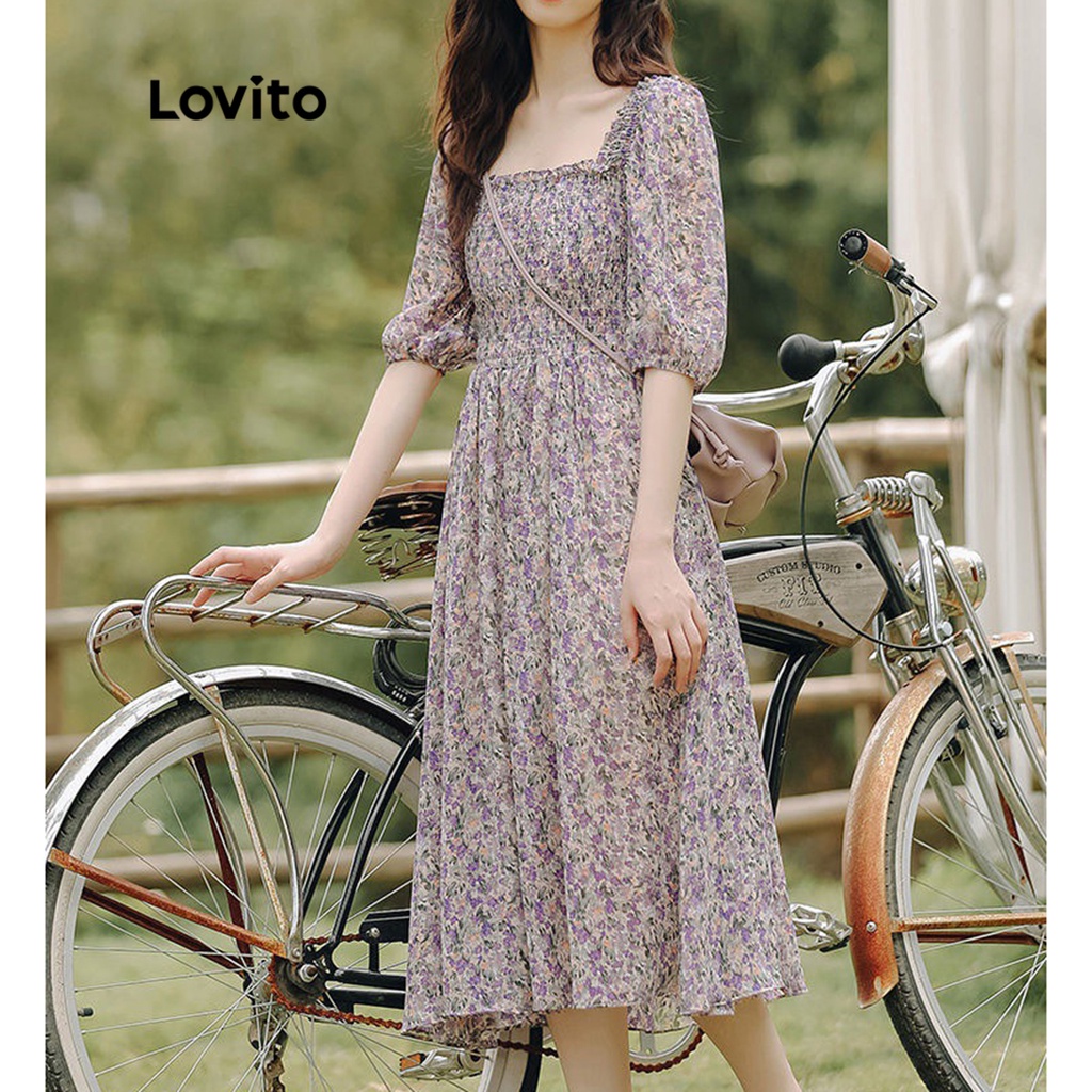 Lovito Váy midi chữ A có tay 3/4 thêu hoa phong cách Boho cho nữ LNE09090 (Nhiều Màu)