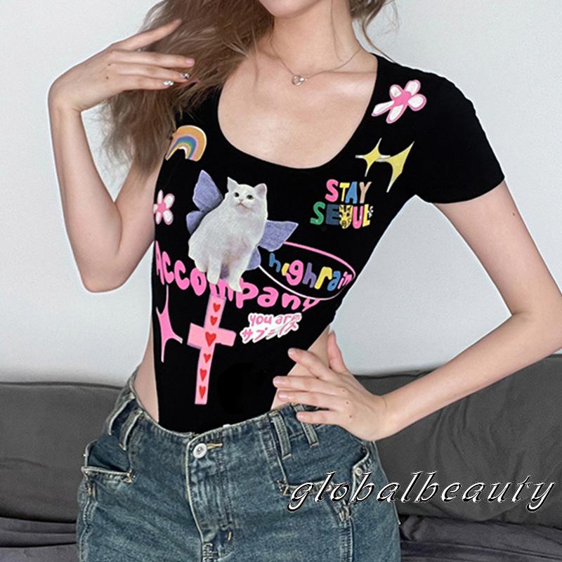 Áo Liền Quần Ngắn Tay Khoét Lưng Cao In Họa Tiết Hoạt Hình Cho Nữ