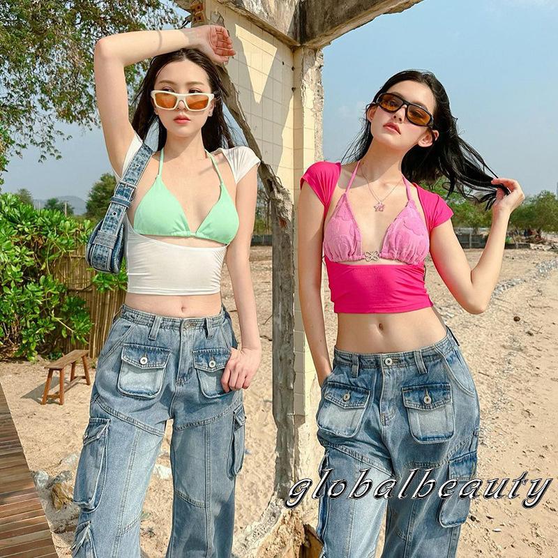 Áo Croptop Tay Ngắn Màu Sắc Trơn Cột Dây Thời Trang Mùa Hè Cho Nữ