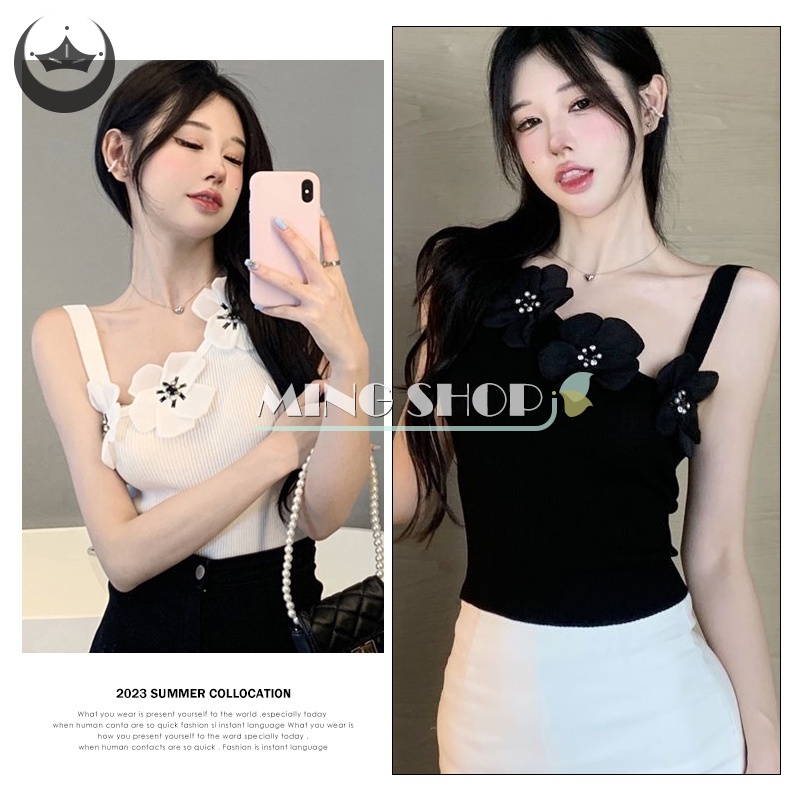 Áo Hai Dây Dệt Kim Màu Trơn Họa Tiết Hoa Gợi Cảm Cho Nữ
