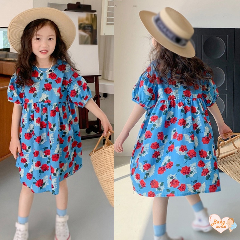Korean Summer Girls' Round Neck Bubble Sleeves Flower Print Dress Children Baby Girl Fashionable Sweet Princess Dress