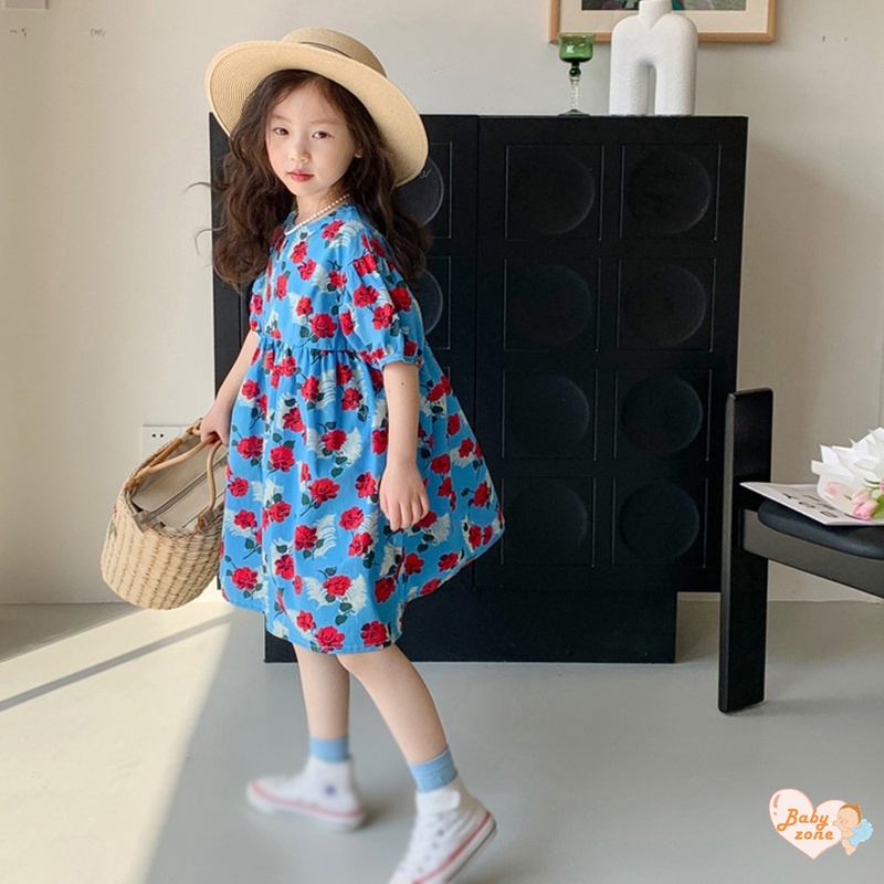 Korean Summer Girls' Round Neck Bubble Sleeves Flower Print Dress Children Baby Girl Fashionable Sweet Princess Dress
