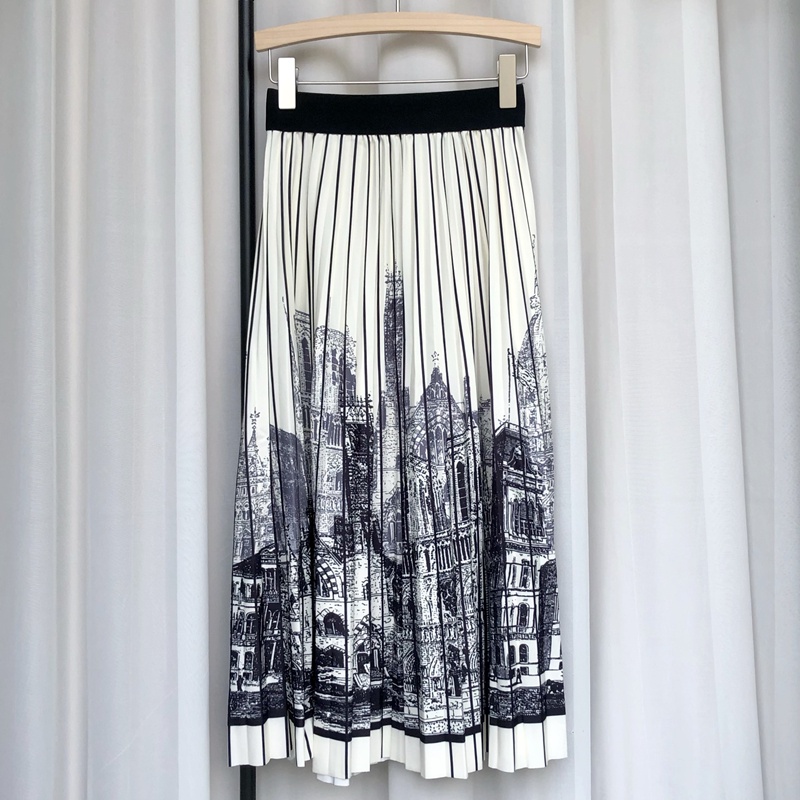 Chân Váy Chữ a Xếp Ly Kẻ Sọc In Hình Lâu Đài Thời Trang