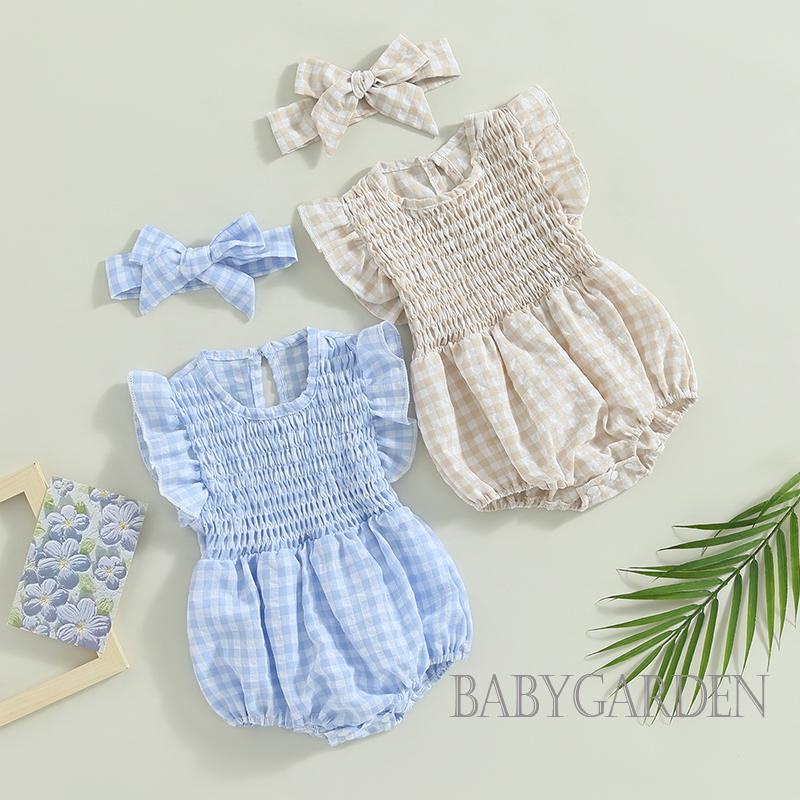 Bộ Áo Liền Quần Tay Ngắn Cổ Thuyền Họa Tiết Sọc Caro + Băng Đô Cài Tóc Thời Trang Mùa Hè Cho Bé Gái 0-18 Tháng Tuổi