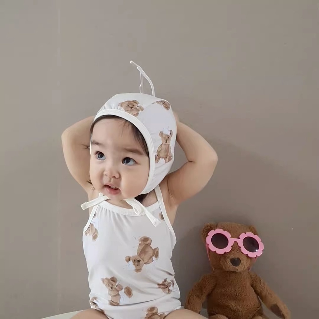 Bộ Đồ Bơi Liền Thân Hai Dây Kèm Mũ Thời Trang Mùa Hè Cho Bé Sơ Sinh
