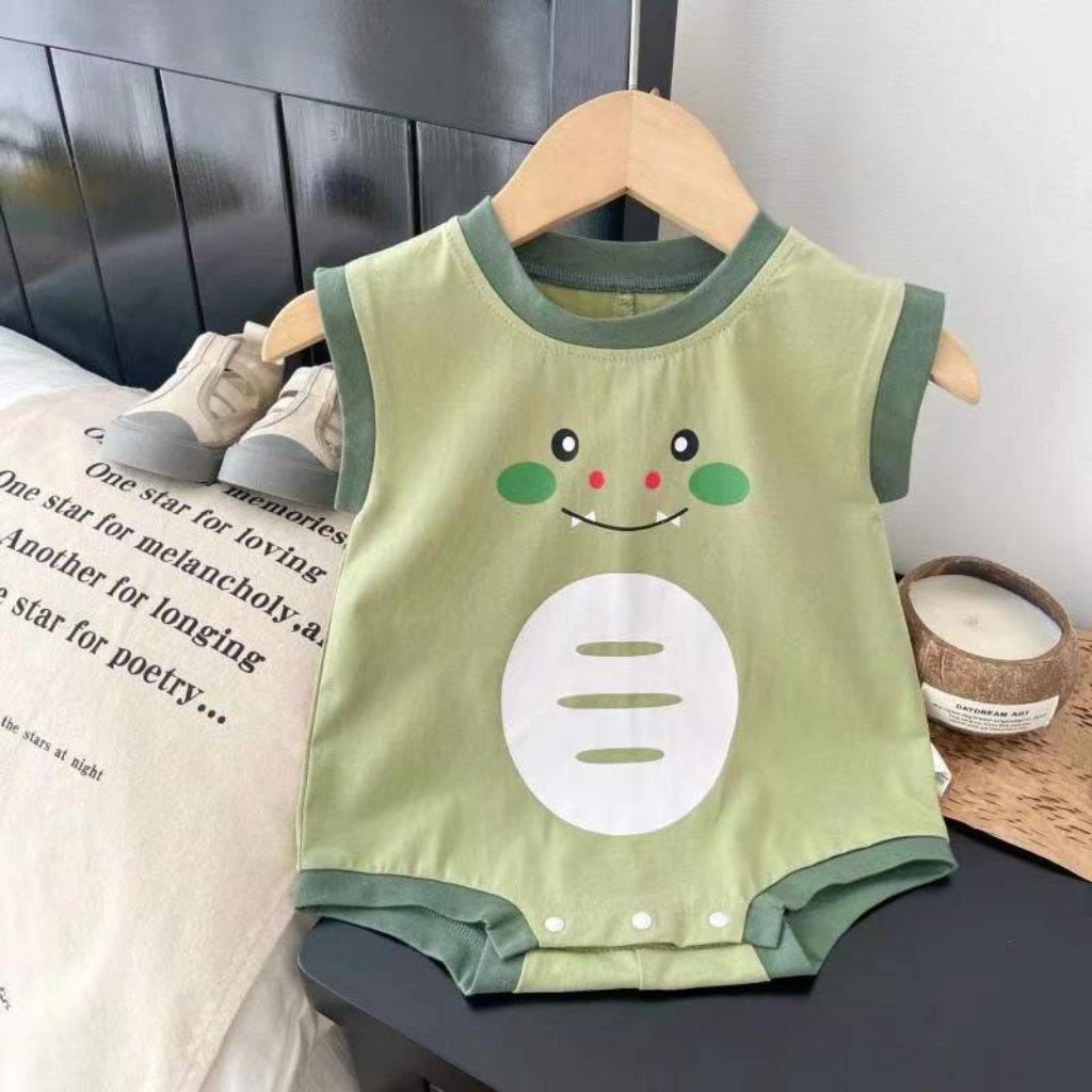 Áo Liền Quần Tam Giác Sát Nách Vải Cotton In Hình Khủng Long Dễ Thương Thời Trang Mùa Hè Cho Bé Từ 0-2 Tuổi
