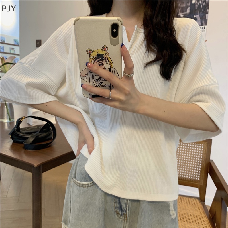 Áo Thun PJY Cổ Tròn Dáng Rộng Cài Nút Dưới Vai Thời Trang Mùa Hè Cho Nữ