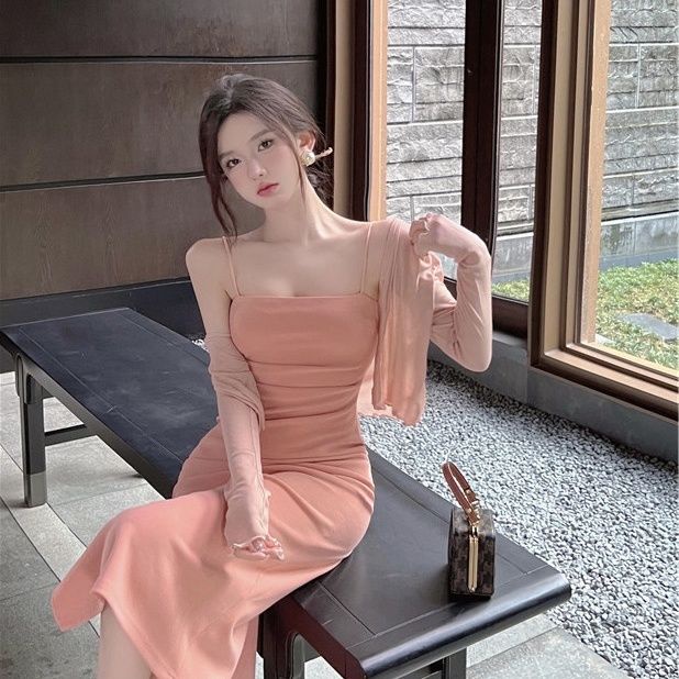 COZOK Bộ Đầm Màu Trơn + Áo Khoác cardigan Tay Dài Thời Trang Quyến Rũ Cho Nữ