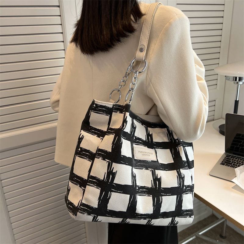 Túi Tote Đeo Vai Vải Canvas Cỡ Lớn Họa Tiết Kẻ Sọc Thời Trang Mùa Hè 2022 Mới Cho Nữ