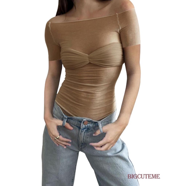 Áo Thun Ngắn Tay Trễ Vai Phối Lưới Thời Trang Mùa Hè Cho Nữ