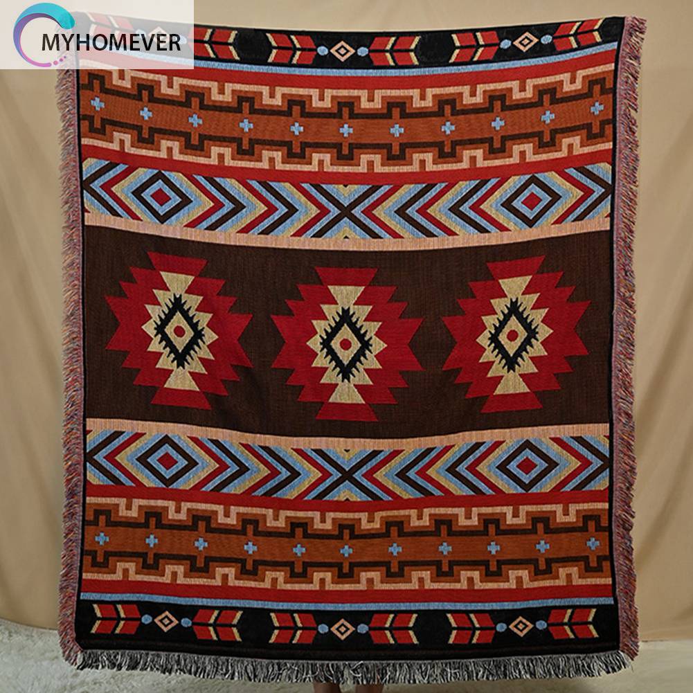 Thảm Cotton Dệt Kim Họa Tiết Thổ Cẩm Phối Tua Rua Có Thể Gấp Gọn Tiện Dụng Mang