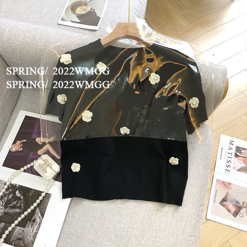 Áo Thun Lụa Dệt Kim Mỏng Tay Ngắn In Hoa Dễ Thương