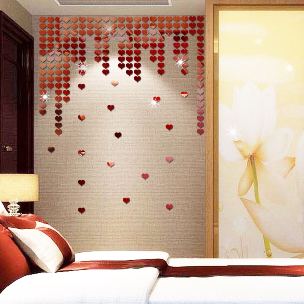 Set 100 Miếng Dán Tường Tráng Gương Hình Trái Tim 3D DIY Trang Trí Nhà Cửa