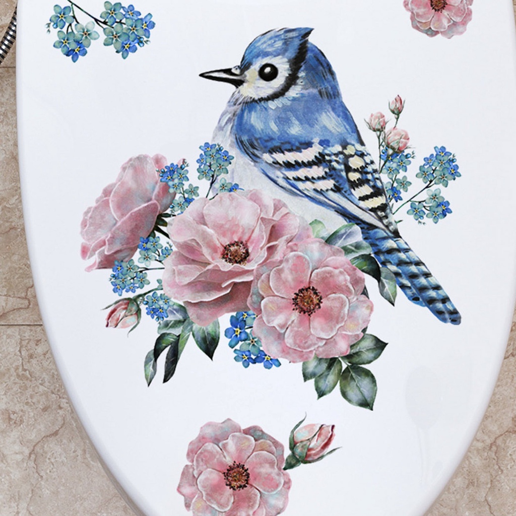 Miếng Dán Trang Trí Toilet Bằng PVC Chống Thấm Nước Họa Tiết Hoa Và Chim Vẽ Tay