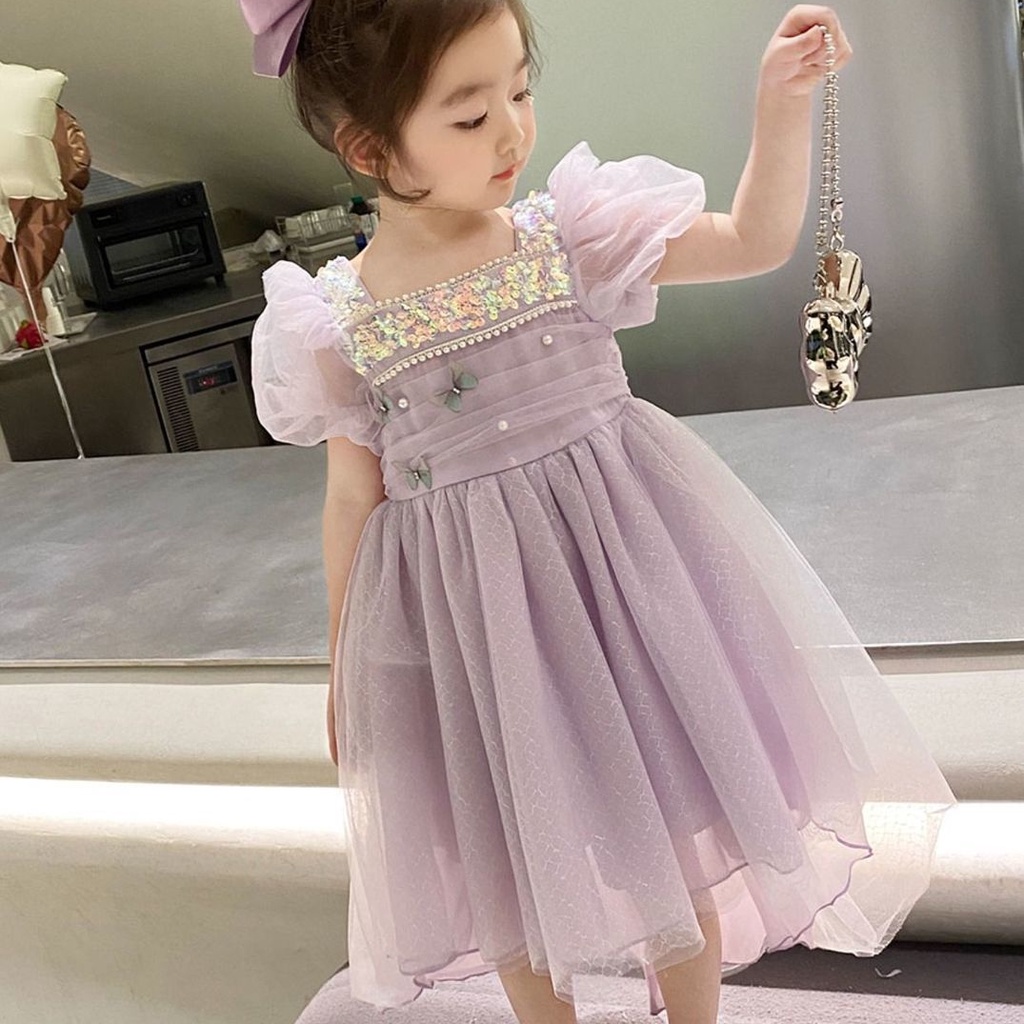 Đầm Công Chúa Tay Phồng Phối Lưới Đính Kim Sa Thời Trang Mùa Hè 2023 Cho Bé Gái