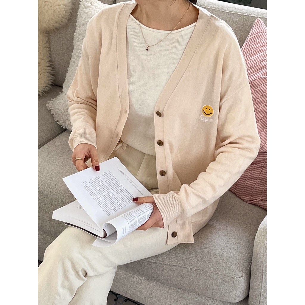 Answered Patch V-Neck Knit Cardigan -  V-neck Cardigan - Cardigan - FREE - 1