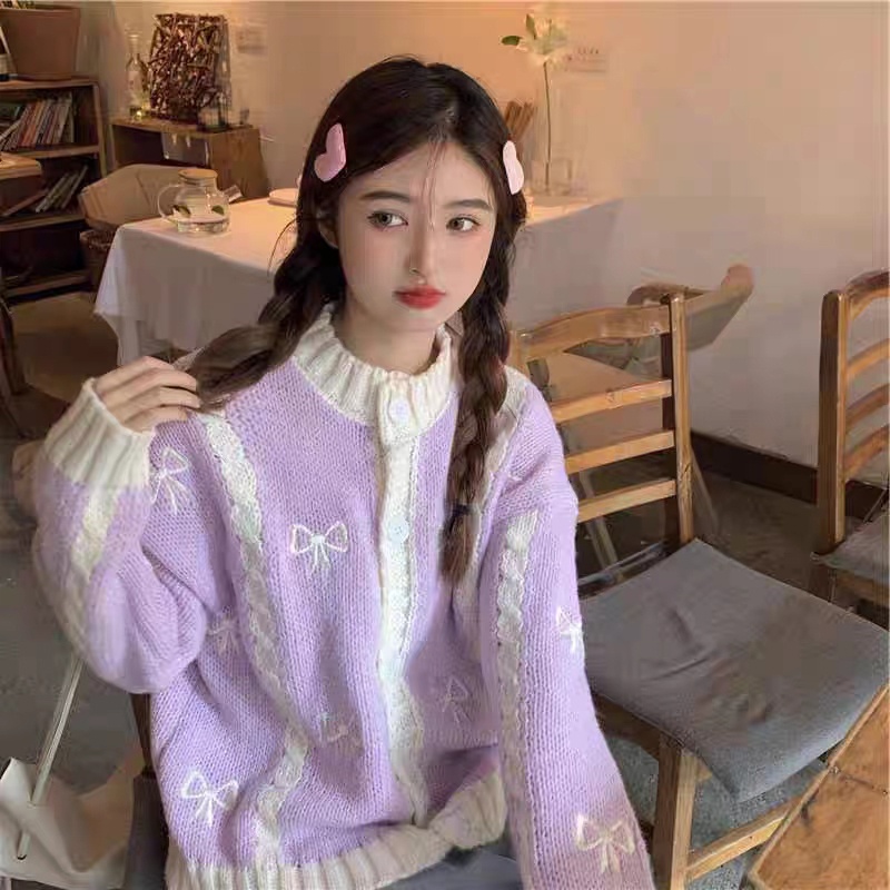 Áo Khoác Cardigan Dệt Kim Dáng Rộng Mềm Mại Thêu Họa Tiết Xinh Xắn
