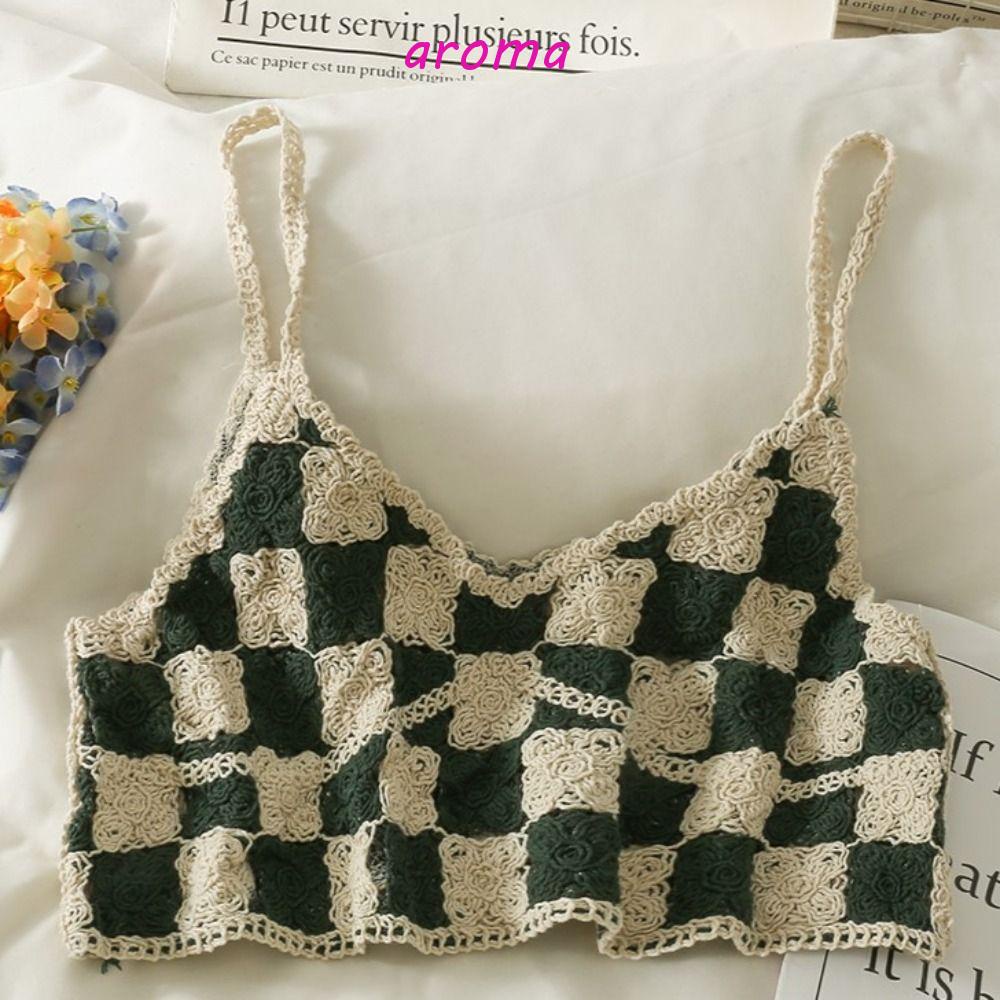 AROMA Áo Croptop Sát Nách Form Rộng Chất Liệu Cotton Họa Tiết Sọc Caro Phong Cách Retro Hàn Quốc
