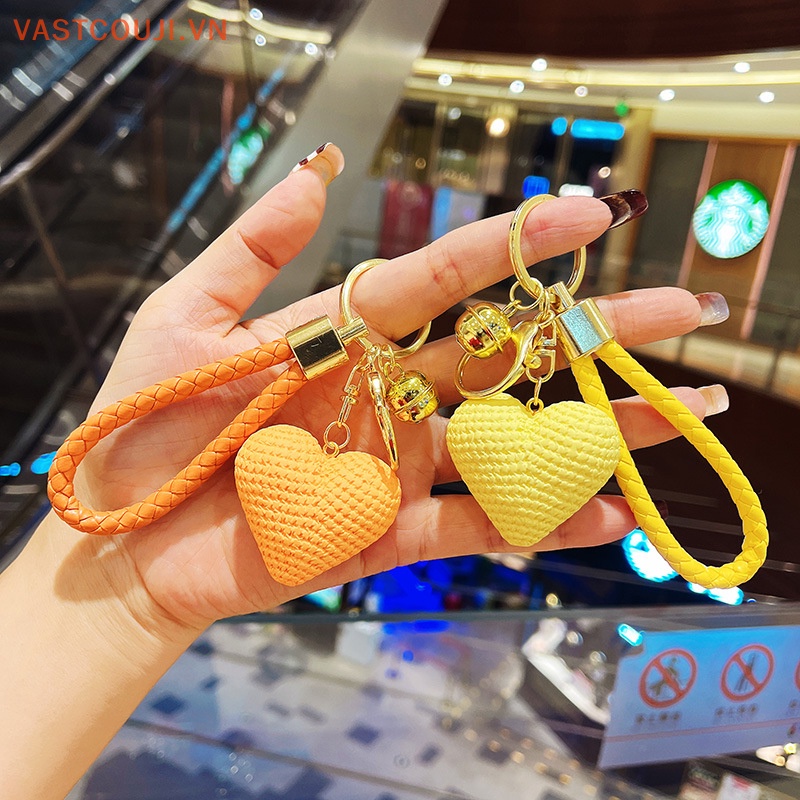 Móc Khóa Dây Da Bện Thủ Công Mặt Trái Tim Trang Trí