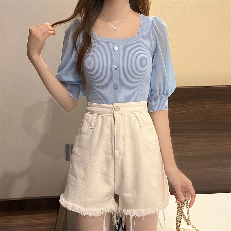 Áo Thun Tay Ngắn Phồng Vải Lụa Mát Thời Trang Mùa Hè Phong Cách Hàn Quốc