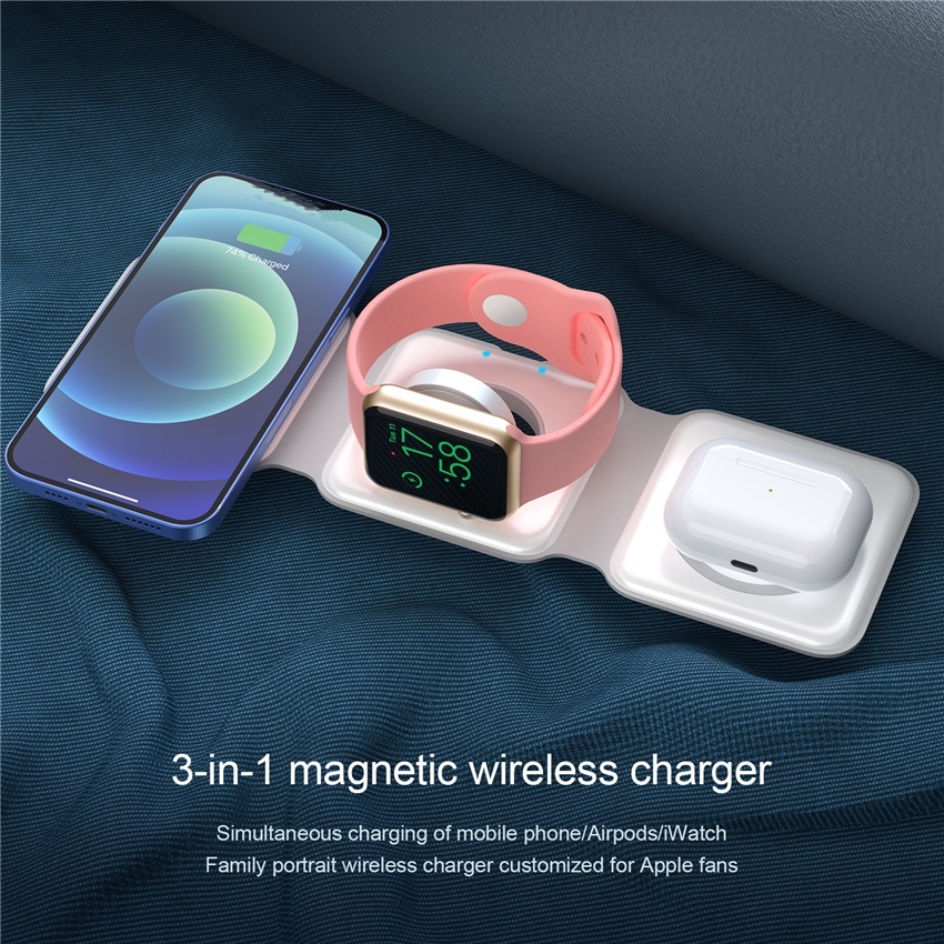 Đế Sạc Nhanh Không Dây 3 Trong 1 15W Cho IPhone 14 13 12 Pro Max Apple Watch AirPods