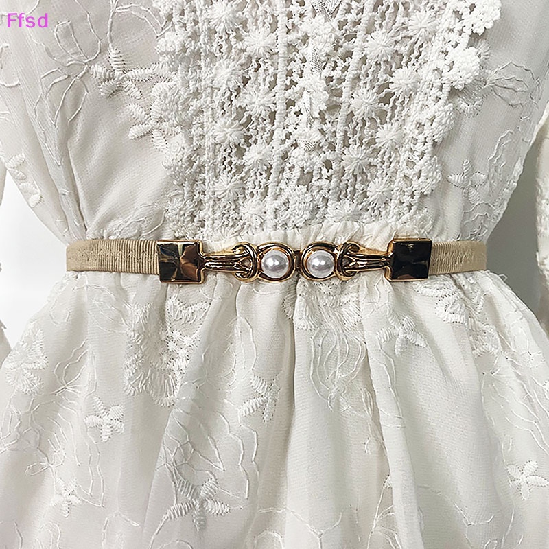 Thắt Lưng Dây Mảnh Co Giãn Màu Đen Đính Hạt Ngọc Trai Thanh Lịch Cho Nữ